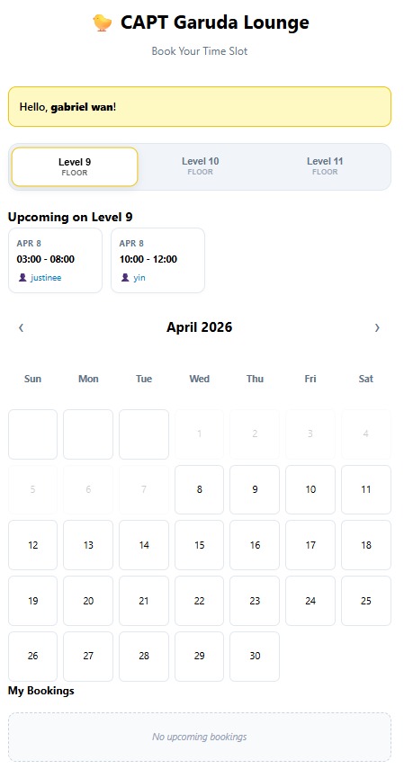 The Lounge Booking app: a floor switcher, upcoming bookings and a calendar